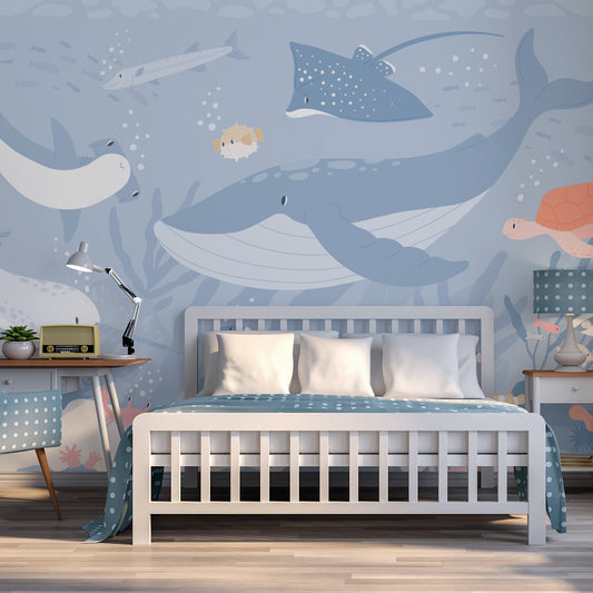 Submerged Fantasia in children's bedroom with white bed with blue bedding with desk and corner table next to the bed