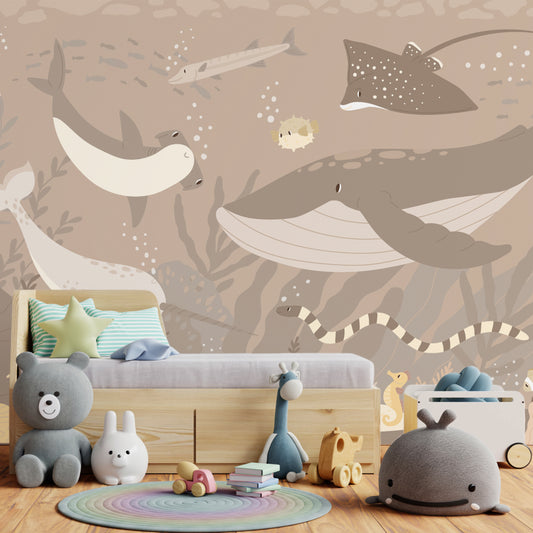 Submerged Fantasia wallpaper in children's bedroom with small bed with grey bedding and lots of stuffed toys