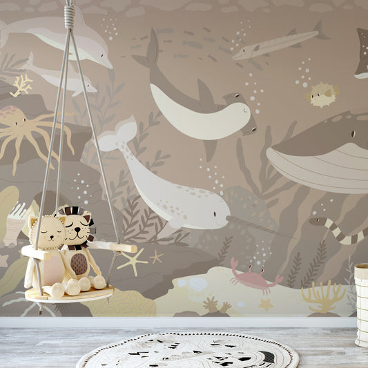Submerged Fantasia wallpaper in children's room with hanging small seat with stuffed lion and cat toy