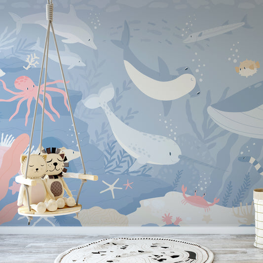 Submerged Fantasia wallpaper in children's room with hanging small seat with stuffed lion and cat toy