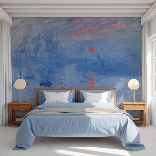 Sunrise Symphony Claude Monet Impression Sunrise Wallpaper In Bedroom With Light Blue Bedding And Wooden Side Tables