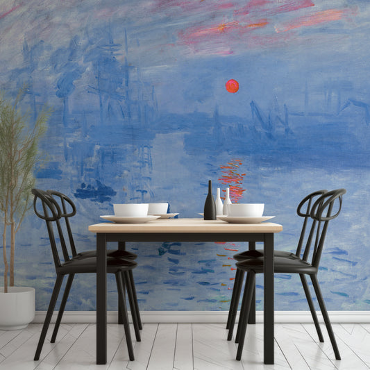 Sunrise Symphony Claude Monet Impression Sunrise Wallpaper In Dining Room With Black Tables And Chairs With Wooden Table Top