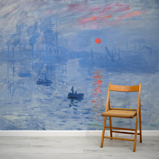 Sunrise Symphony Claude Monet Impression Sunrise Wallpaper In Room With Wooden Chair