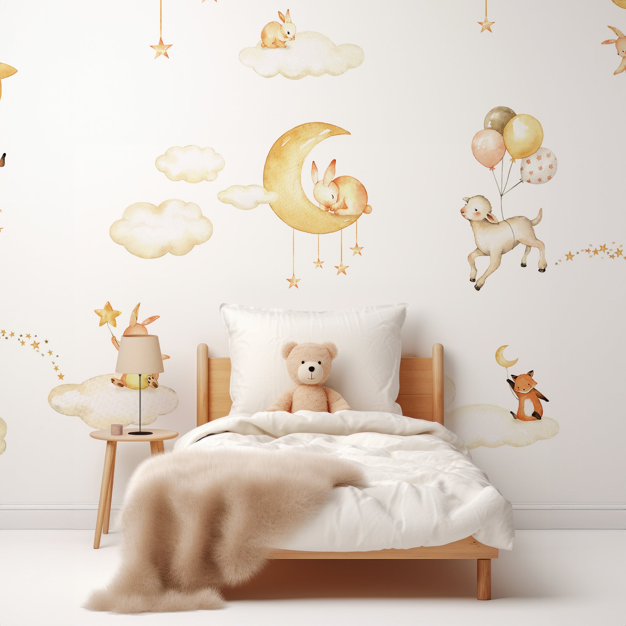 Wall Mural - White and Gold Sky Bedtime Animals Illustration - Removable Wallpaper (Peel & Stick) - Made to Measure