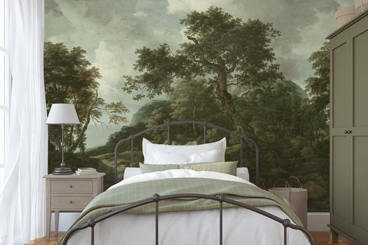 Sylvia Wallpaper in a Bedroom with a large wall mural of a forest scene.