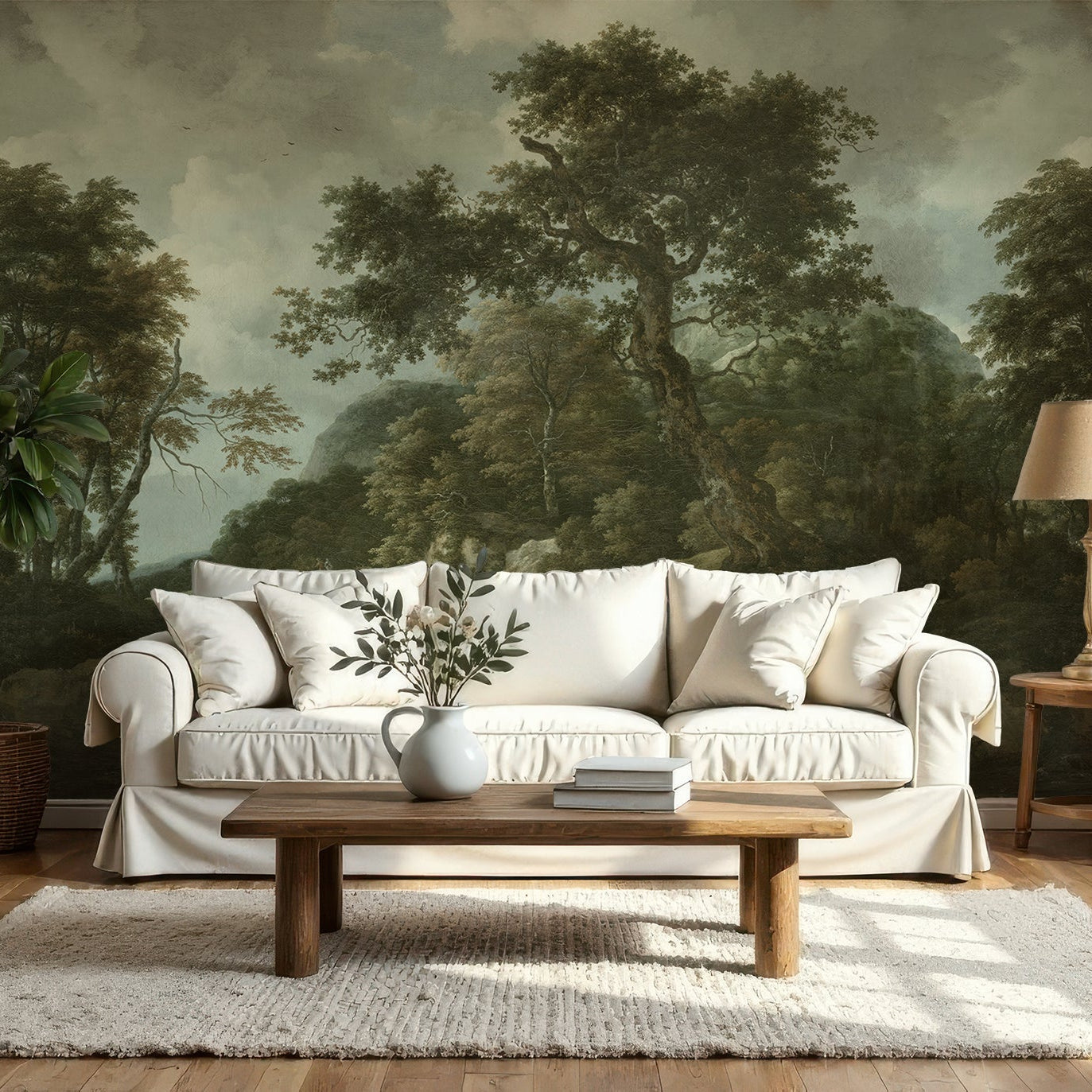 Wall Mural - Vintage Forest Waterfall Landscape Painting - Traditional Wallpaper (Paste-the-wall) - Made to Measure
