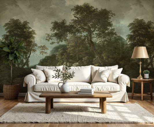 Sylvia Wallpaper in a Living room with a white sofa, wooden coffee table, and decorative elements against a forest mural.
