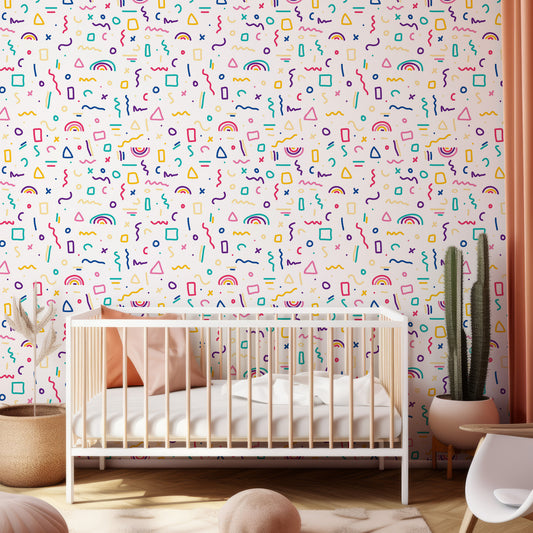 Syrily Wallpaper In Child's Bedroom With Peach Pillows And Beige Plants