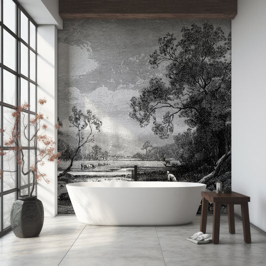 Tanetrict Wallpaper In Bathroom With Bathtub And Dark Wooden Stool And Asian Plants
