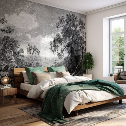 Tanetrict Wallpaper In Bedroom With Green Bedding And Wooden Bed With Large Window Letting Lots Of Light In