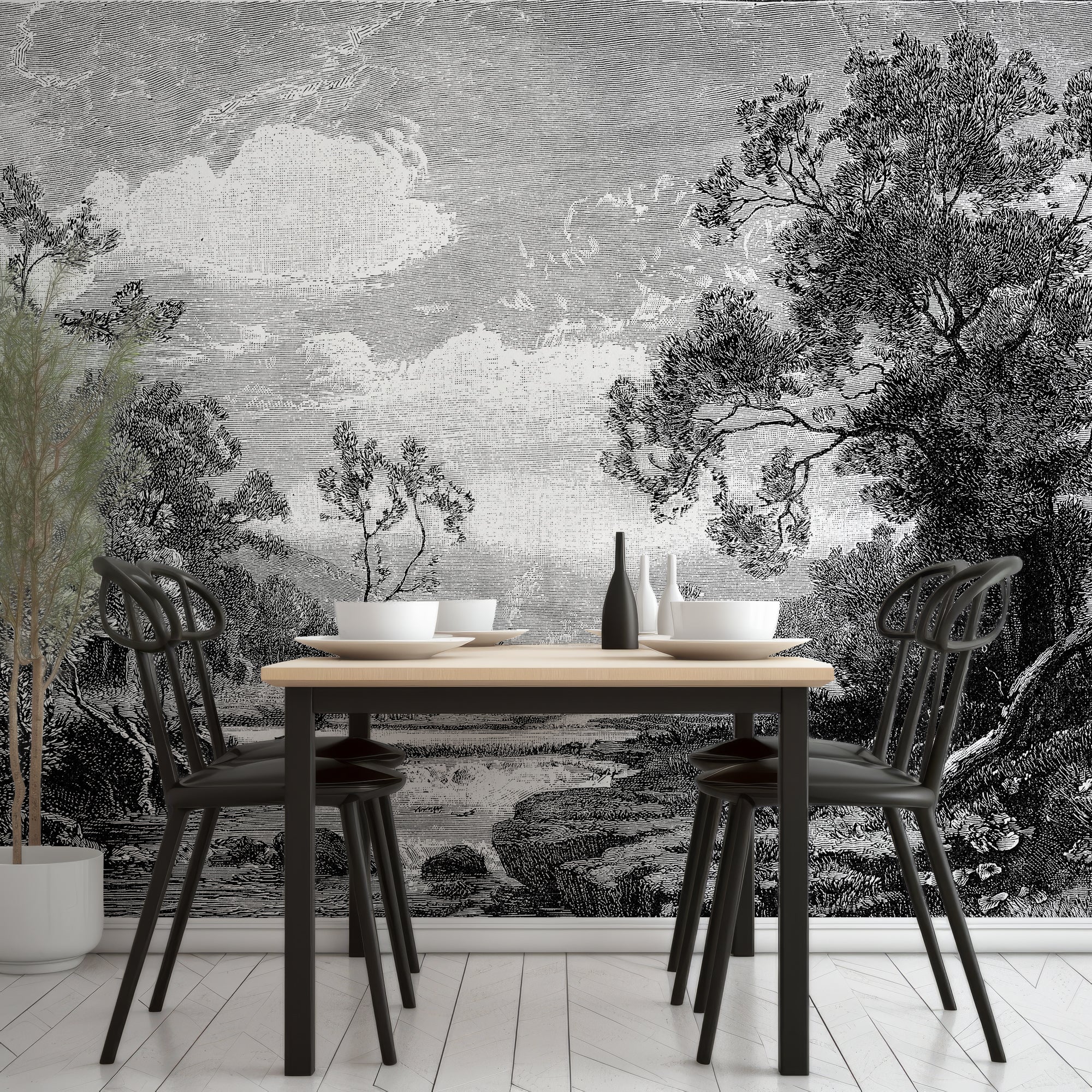 Wall Mural - Black and White Etched Countryside River Bank - Traditional Wallpaper (Paste-the-wall) - Made to Measure