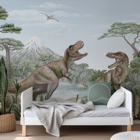 Terrific T-Rex Wallpaper In Child's Bedroom With Green Bedding With White Bed And White Bed Frame