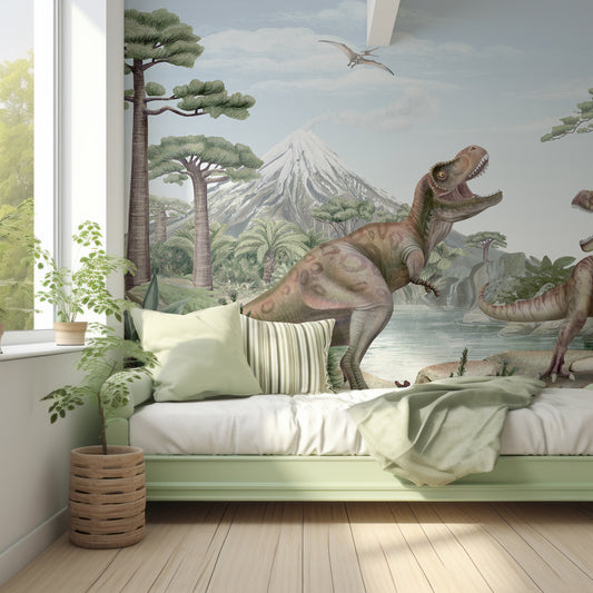 Terrific T-Rex Wallpaper In Kid's Bedroom With Green Single Bed With Stripy Cushions And Light Coming Into Room