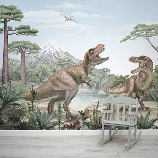 Terrific T-Rex Wallpaper In Room With Small Grey Chair