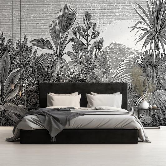 The Tropics Wallpaper In Bedroom With Black Queen Size Bed With Wooden Cabinets And Hanging Lights