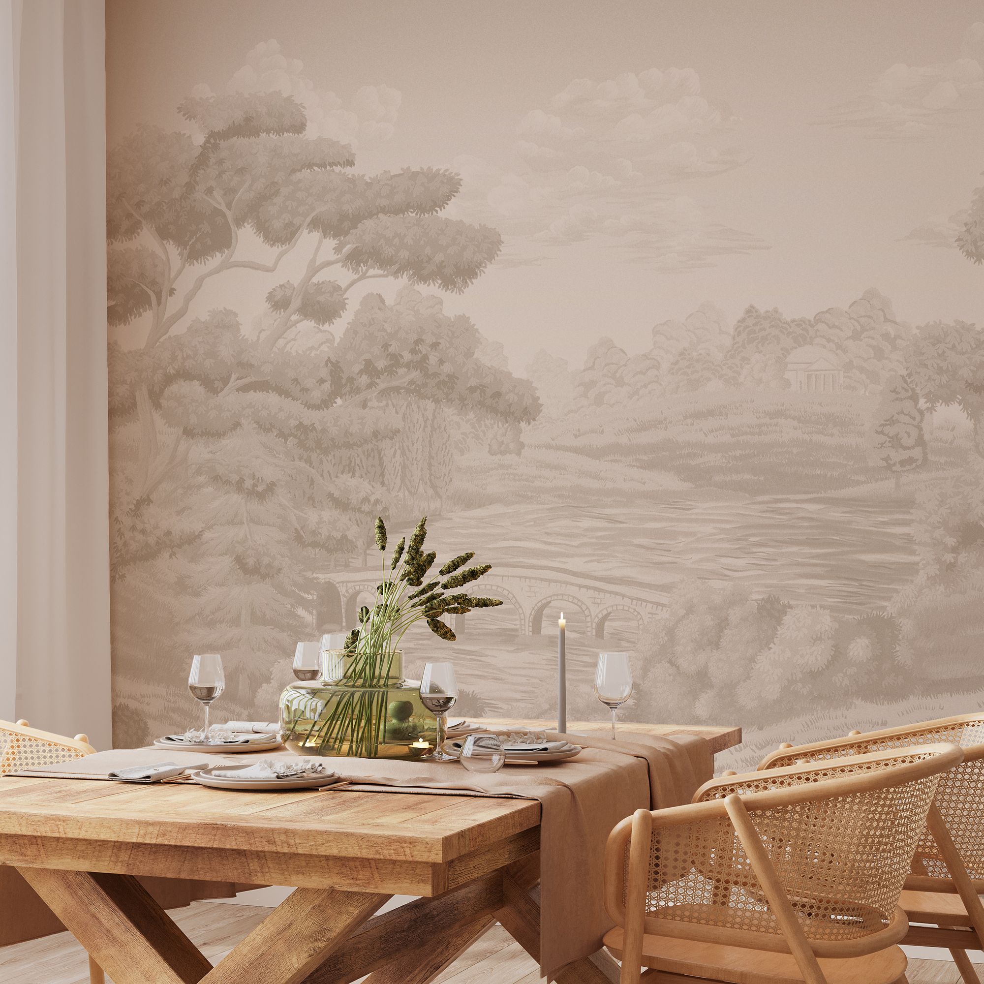 Wall Mural - Elegant Neutral Landscape with Classical Countryside Scenery - Removable Wallpaper (Peel & Stick) - Made to Measure