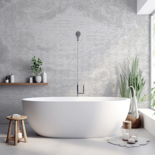 Theo Cloud Wallpaper In Bathroom With White Bathtub And Green Plants With Wooden Stool & Candle