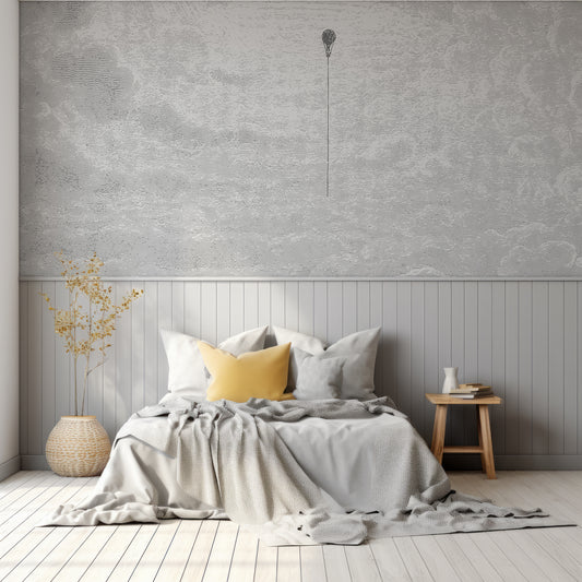 Theo Cloud Wallpaper In Children's Bedroom With Grey Panelled Wall With Grey Bed & Yellow Cushion