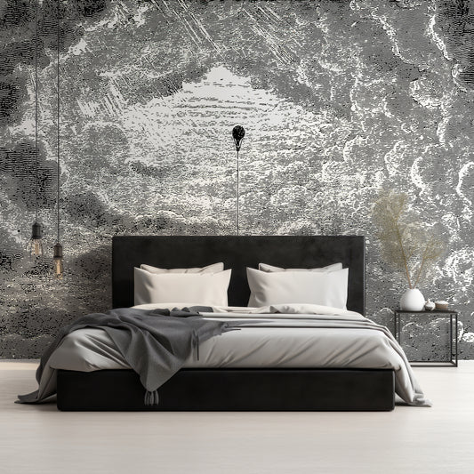 Theo Mono Wallpaper In Bedroom With Black Queen Size Bed With Wooden Cabinets And Hanging Lights