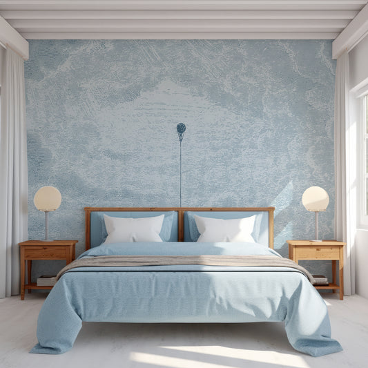 Theo Sky Wallpaper In Bedroom With Light Blue Bedding And Wooden Side Tables