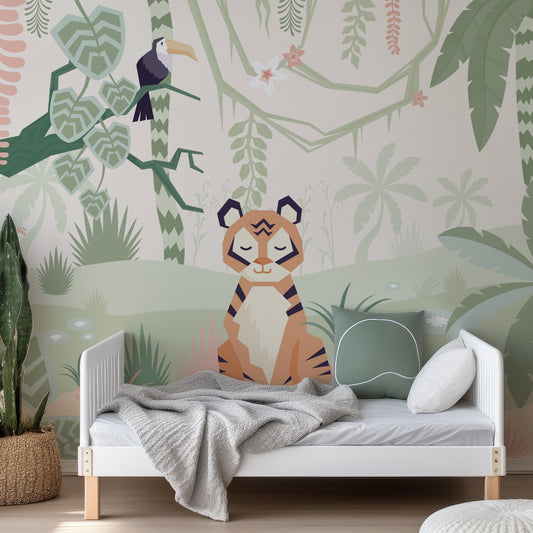 Tiger Pastel Jungle Wallpaper In Child's Bedroom With Green Bedding With White Bed And White Bed Frame