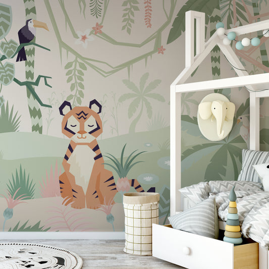 Tiger Pastel Jungle Wallpaper In Elephant Kid's Room