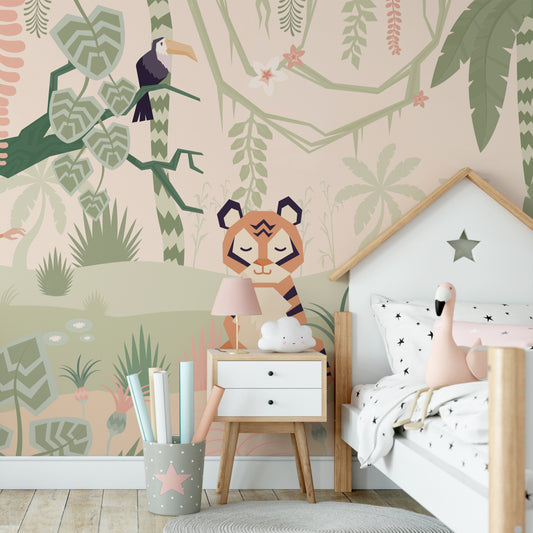 Tiger Pastel Jungle Wallpaper In Pink Girl's Bedroom