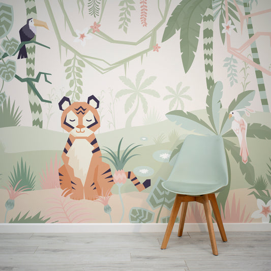 Tiger Pastel Jungle Wallpaper In Room With Lime Coloured Chair
