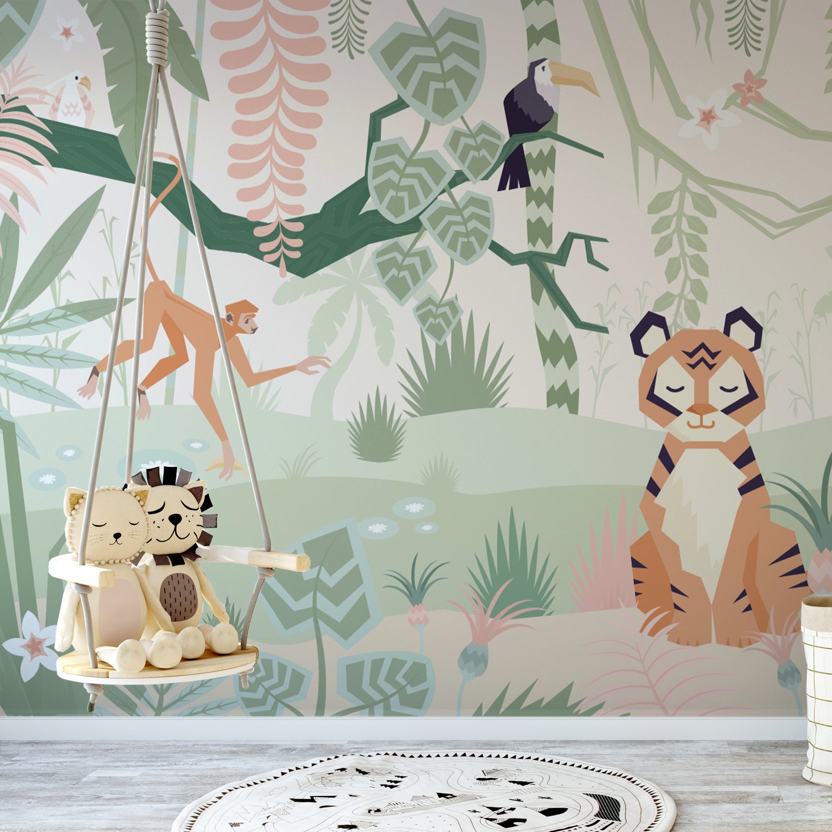 Wall Mural - Cute Cartoon Tiger Jungle - Traditional Wallpaper (Paste-the-Wall) - Made to Measure