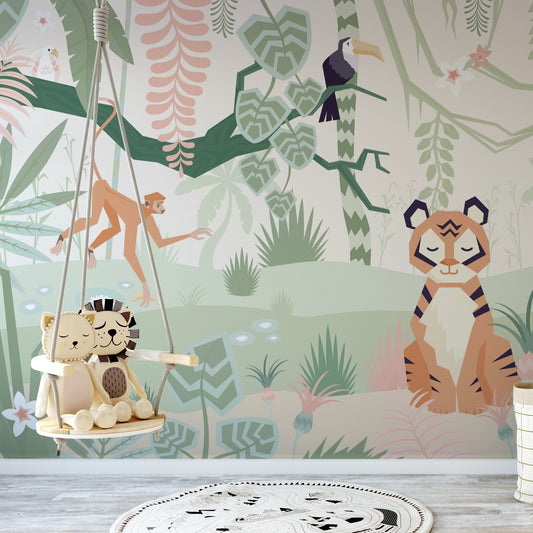 Tiger Pastel Jungle Wallpaper In Tiger Kid's Bedroom
