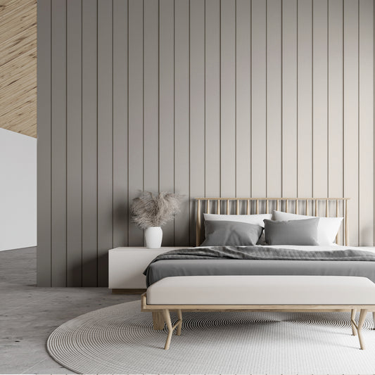 Timber Elegance Beige In Open Bedroom With Grey Bed