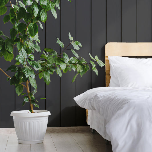 Timber Elegance Black In Bedroom With Green Plant In Large White Plant Pot