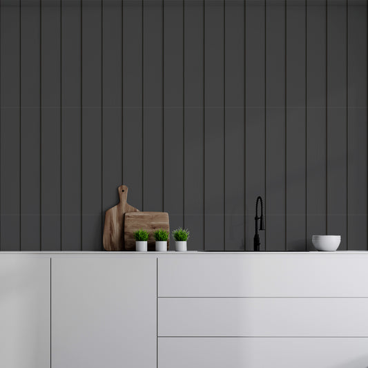 Timber Elegance Black In Kitchen With White Worktops & Wooden Chopping Boards