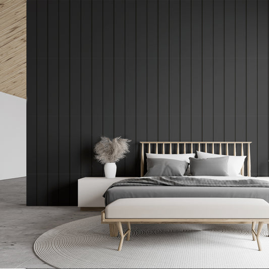 Timber Elegance Black In Open Bedroom With Grey Bed