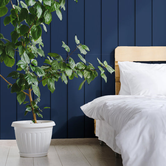 Timber Elegance Navy In Bedroom With Green Plant In Large White Plant Pot