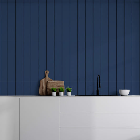 Timber Elegance Navy In Kitchen With White Worktops & Wooden Chopping Boards