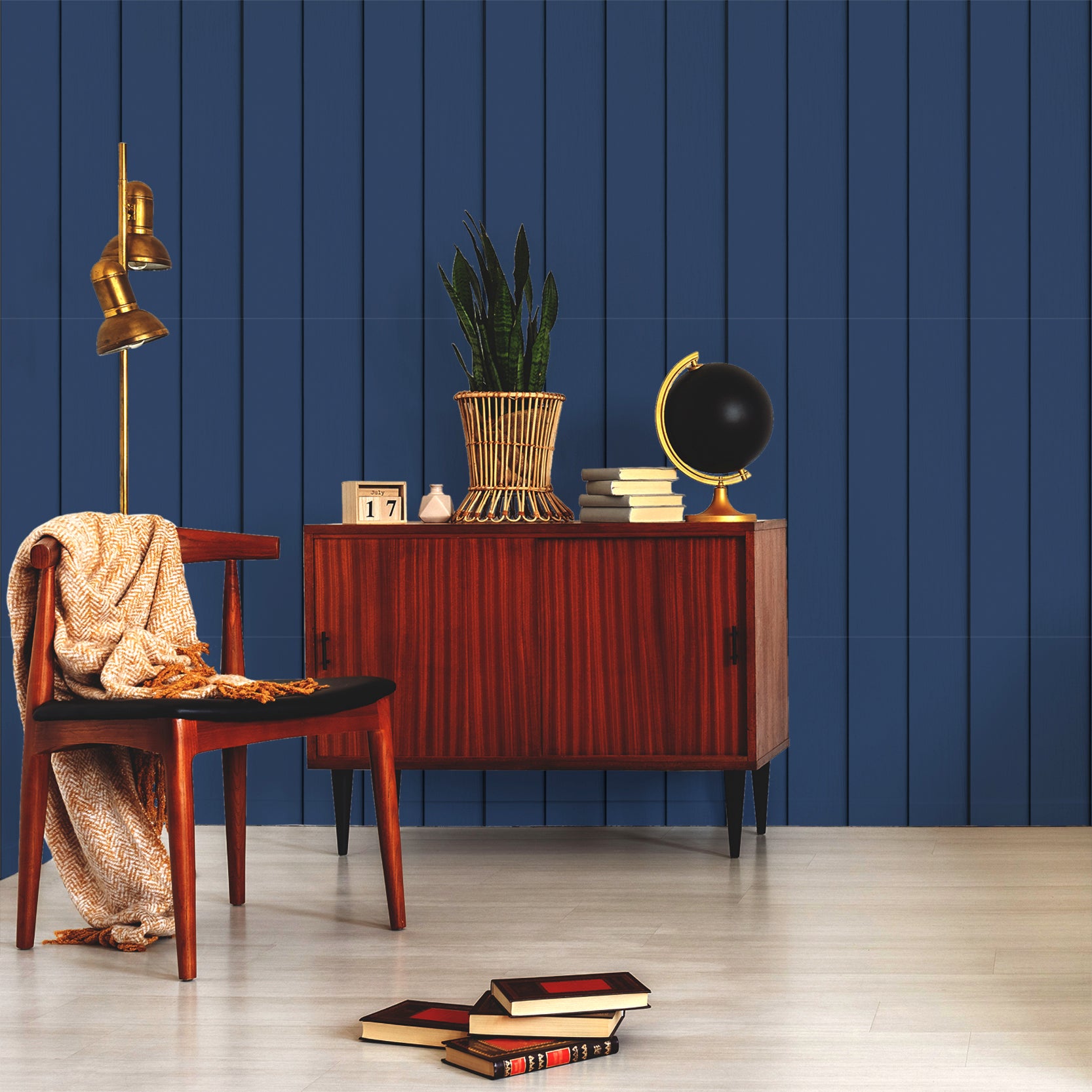 Wall Mural - Navy Vertical Wood Panel Slats Effect Wallpaper - Traditional Wallpaper (Paste-the-wall) - Made to Measure