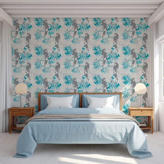 Toco Wallpaper In Bedroom With Light Blue Bedding And Wooden Side Table