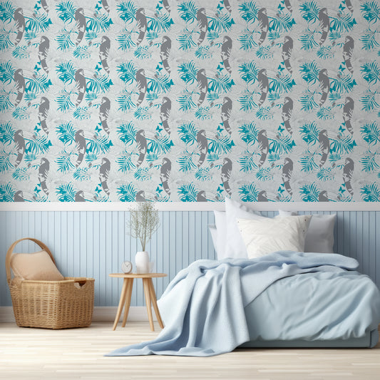 Toco Wallpaper In Children's Bedroo With Single Baby Blue Bed, Blue Panelled Walls And Wooden Baskets