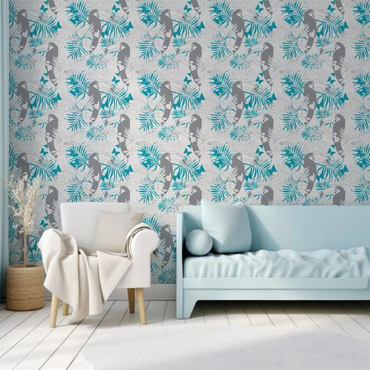 Toco Wallpaper In Children's Nursery With Large Baby Blue Chair & Large Cream Chair With White Plant In Wooden Plant Pot
