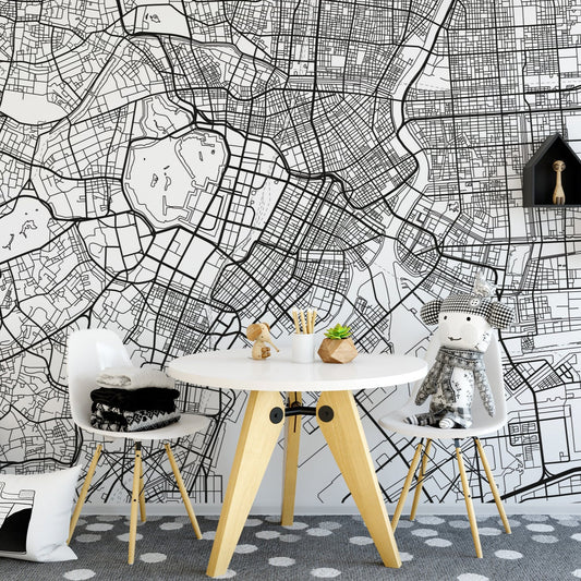 Tokyo City Map White Wooden Table with Black and White Plush