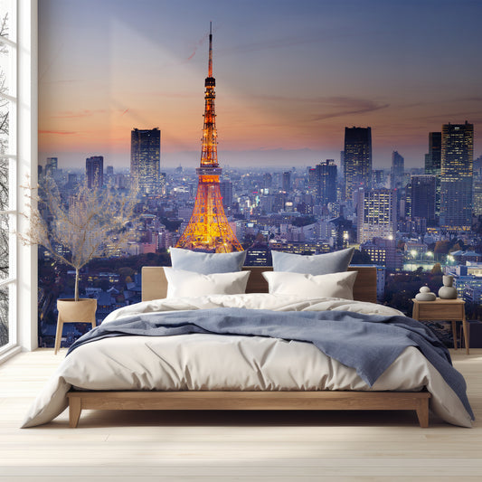 Tokyo Tower Wallpaper In Bedroom With Dark Blue Bed In Very Bright Room With Great Lighting