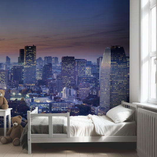 Tokyo Tower Wallpaper In Child's Bedroom With Grey Bed And Two Brown Teddy Bears