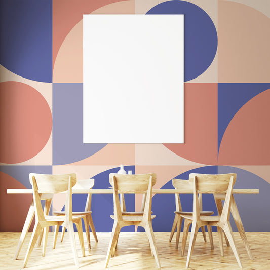 Tranquil Geometry wallpaper in dining room with wooden table and wooden chairs