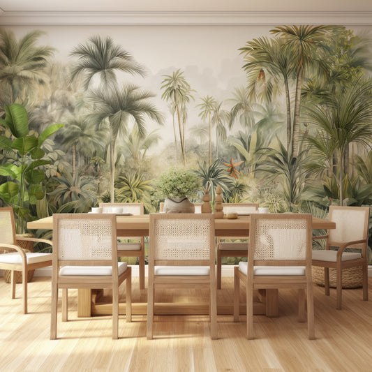 Tranquil Treescape Wallpaper In Dining Room With Wooden Table And Chairs