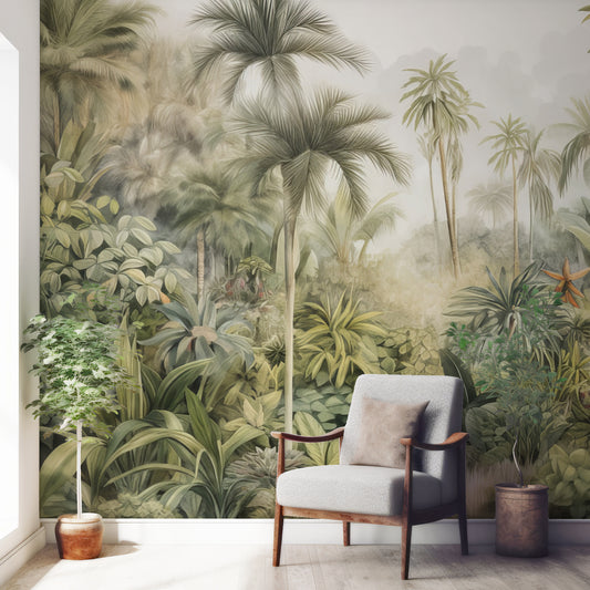 Tranquil Treescape Wallpaper In White Room With Grey Chair With A Couple Of Green Plants