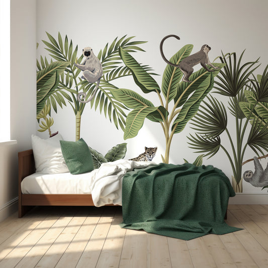 Trocto Wallpaper In Children's Bedroom With Wooden Bed and White And Dark Green Blankets