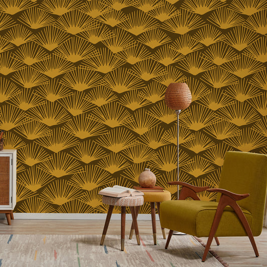 Tropical Breeze Gold Wallpaper In Lounge With Yellow Chair