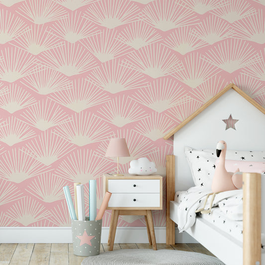 Tropical Breeze Rose Quartz Wallpaper In Girl's Bedroom With Star Bedding