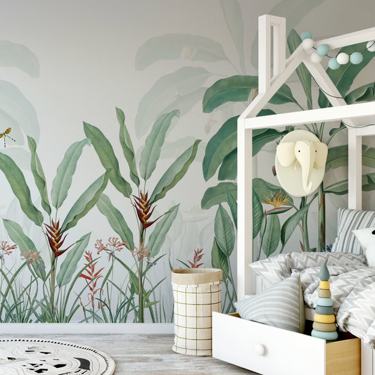 Tropical Delight Wallpaper In Child's Bedroom with Large Bed